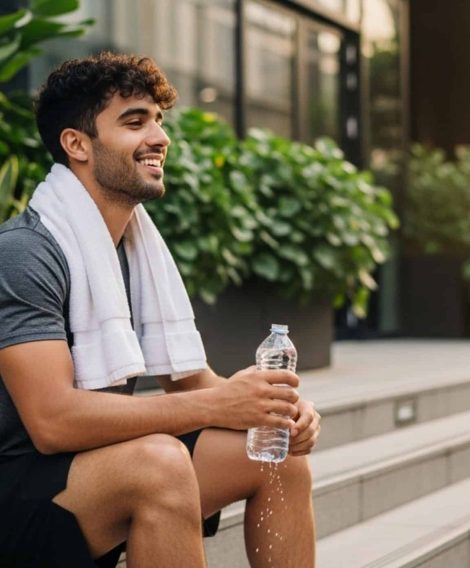 young expat man, doing sport and resting on the stairs of a modern building