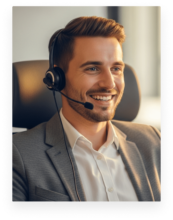 Person wearing a headset and a light-colored dress shirt under a gray suit jacket, seated on an office chair in a professional setting.