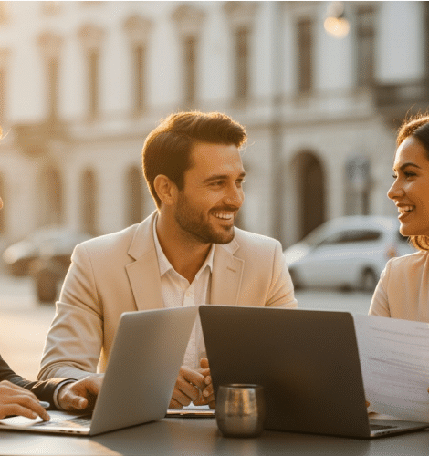 Three people sitting at an outdoor table engaged in a business discussion. Two laptops are open in front of them, and one person is holding a sheet of paper. A metallic cup is placed on the table. The background shows a sunlit street with a large, elegant building featuring arched windows and columns. The lighting is warm, suggesting late afternoon or early evening.