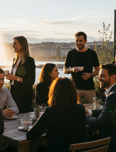 A group of people is gathered around a wooden table outdoors, holding cups and engaging in conversation. The setting overlooks a large body of water with a prominent fountain in the background, under warm evening sunlight. Glassware and cups are placed on the table, and string lights add a cozy touch to the scene.