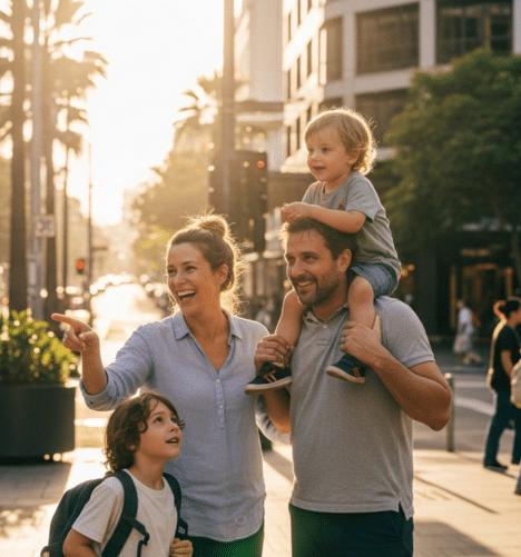 Family walking together on a sunny city street with palm trees and modern buildings in the background. One adult is pointing ahead, another is carrying a child on their shoulders, and a second child is standing nearby with a backpack.