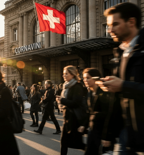 A busy street scene in front of Cornavin train station, featuring a large Swiss flag hanging above the entrance. People are walking in various directions, some holding phones or bags, with the historic stone building and glass canopy in the background under warm sunlight.