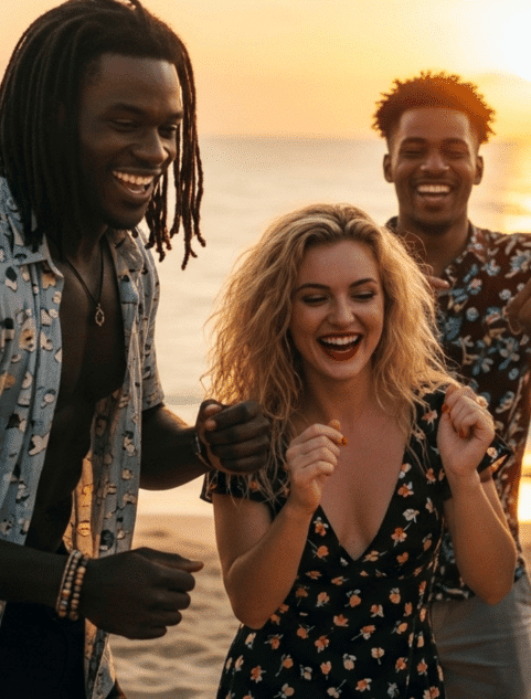 Three people standing on a sandy beach during sunset, with the ocean in the background. They are dressed in casual summer clothing, including patterned shirts and a floral dress. The warm golden light of the setting sun creates a relaxed, tropical atmosphere.