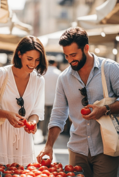 Two people at an outdoor market selecting fresh tomatoes from a display. Both are casually dressed in light-colored clothing and wearing sunglasses, with tote bags over their shoulders. The background shows market stalls with beige canopies, creating a sunny and relaxed atmosphere.