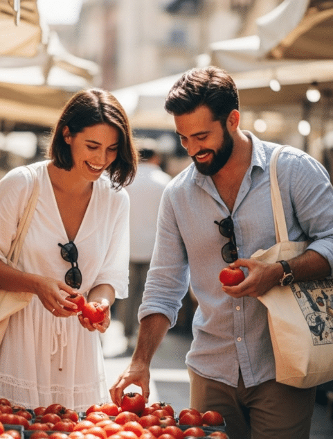 Two people at an outdoor market selecting fresh tomatoes from a display. Both are casually dressed in light-colored clothing and wearing sunglasses, with tote bags over their shoulders. The background shows market stalls with beige canopies, creating a sunny and relaxed atmosphere.