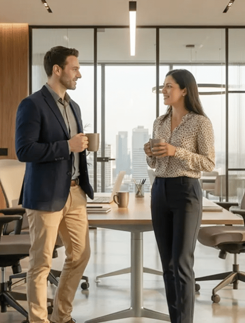 Two people standing in a modern office space, holding coffee mugs and talking. The office features large windows with a city skyline view, contemporary furniture including chairs and a round table, and a bright, professional atmosphere with natural light.
