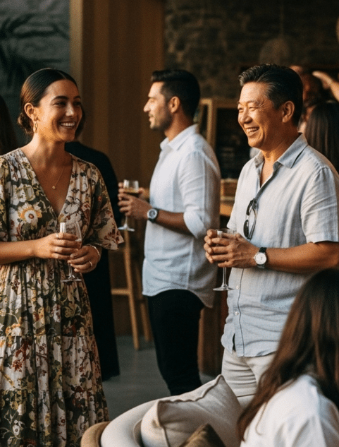 People gathered in a stylish indoor-outdoor venue with wooden accents and greenery, holding drinks and engaging in conversation. Some individuals are standing while others are seated on light-colored sofas. The setting has a warm, relaxed atmosphere with natural light and modern decor elements.