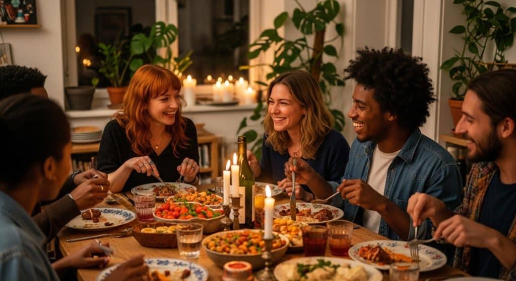 a group of friends from different countries and backgrounds share a meal together in the dining room