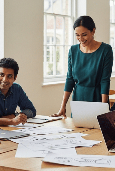 A group of people collaborating in a bright, modern office space. They are gathered around a large wooden table covered with papers, sketches, and laptops. Coffee cups are placed on the table, and large windows in the background let in natural light, creating an open and airy atmosphere. The scene suggests a team meeting or brainstorming session focused on creative or design work.