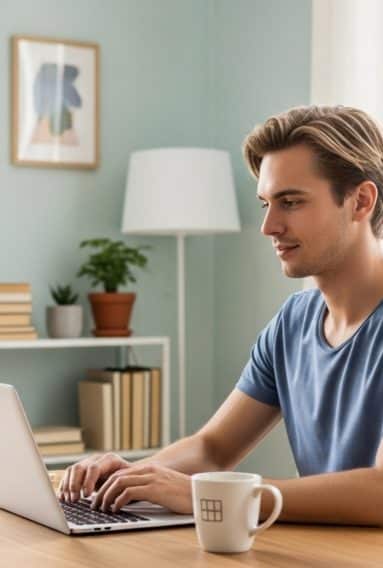 Person sitting at a wooden desk in a bright, modern home office, typing on a laptop. A white coffee mug is placed on the desk, and the background features large windows with sheer curtains, potted plants, and a bookshelf with neatly arranged books.