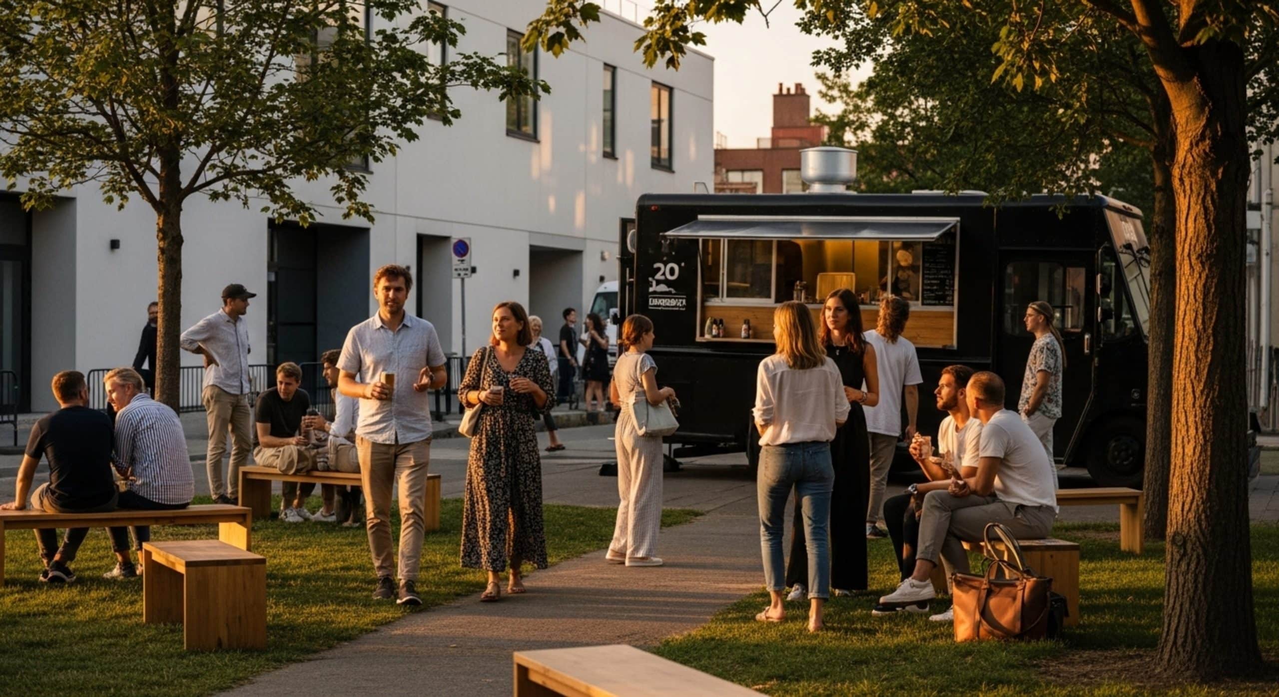 People walking outside and having food in a casual food festival