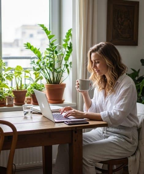 A person sits at a wooden table in a bright room, working on a laptop while holding a mug. The table is surrounded by potted plants, and more greenery is placed on the windowsill, creating a cozy, natural atmosphere. Sunlight streams through a large window, illuminating the space with a warm, inviting glow.