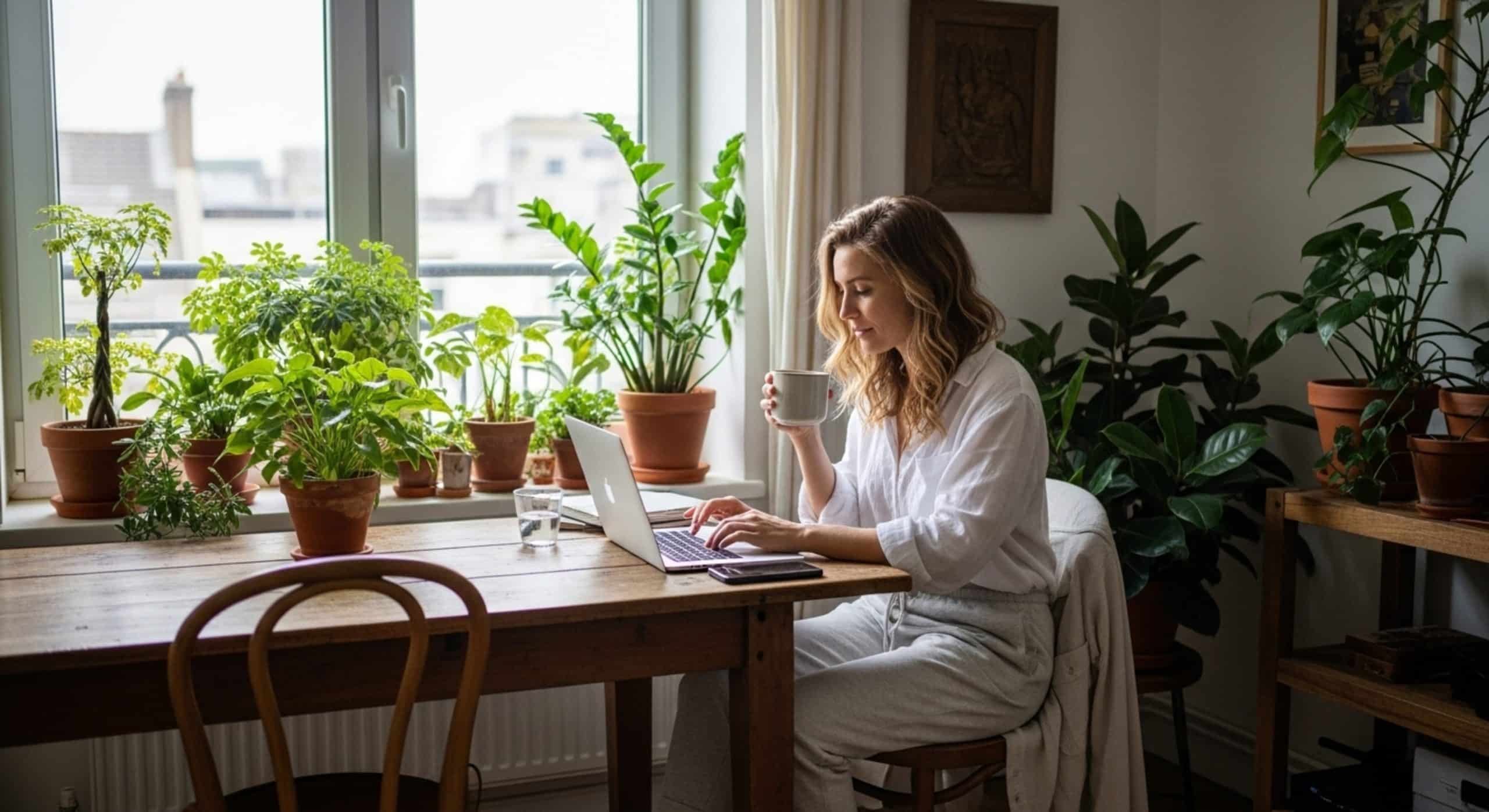 A person sits at a wooden table in a bright room, working on a laptop while holding a mug. The table is surrounded by potted plants, and more greenery is placed on the windowsill, creating a cozy, natural atmosphere. Sunlight streams through a large window, illuminating the space with a warm, inviting glow.