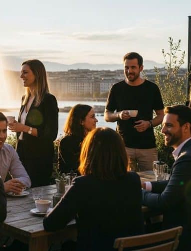 A group of people is gathered around a wooden table outdoors, holding cups and engaging in conversation. The setting overlooks a large body of water with a prominent fountain in the background, under warm evening sunlight. Glassware and cups are placed on the table, and string lights add a cozy touch to the scene.