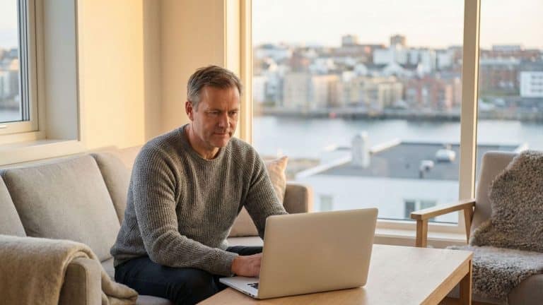 Man wearing a light denim shirt standing at the top of a cobblestone street lined with colorful houses, flowering plants, and palm trees, looking toward a bright turquoise ocean under a clear sky.