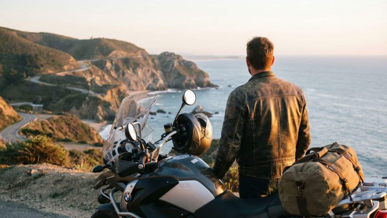 A person wearing a leather jacket stands beside a touring motorcycle on a scenic coastal road overlooking the ocean. The motorcycle is equipped with saddlebags and a top case, with a duffel bag strapped to the back. The winding road curves along rugged cliffs in the background, and the scene is bathed in warm golden hour light, creating a sense of adventure and exploration.