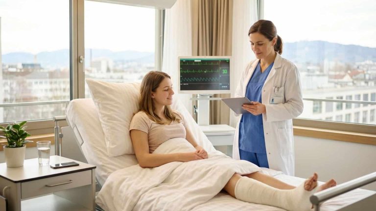 A patient is lying in a hospital bed with a bandaged leg elevated on the mattress, while a healthcare professional in a white coat stands nearby holding a tablet. The room is bright with large windows overlooking a cityscape and mountains in the background. Medical equipment, including a monitor displaying vital signs, is positioned next to the bed, and a bedside table holds a glass of water and a small plant. The setting conveys a modern, clean hospital environment.