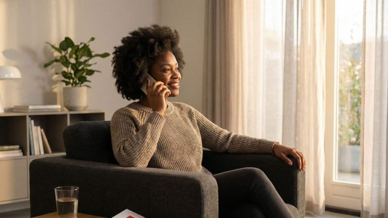 A person sitting in a modern living room on a dark gray armchair, holding a smartphone to the ear. The room is softly lit with natural light coming through sheer curtains. A small table with a glass of water and an open book is in the foreground, and a bookshelf with decorative items and a potted plant is visible in the background. The setting conveys a calm and comfortable environment.