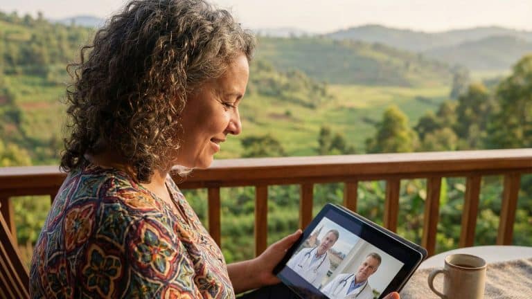 Woman in her 50s sitting on a wooden terrace overlooking a green, hilly landscape while having a video consultation with medical professionals on a tablet, with a mug placed beside them.