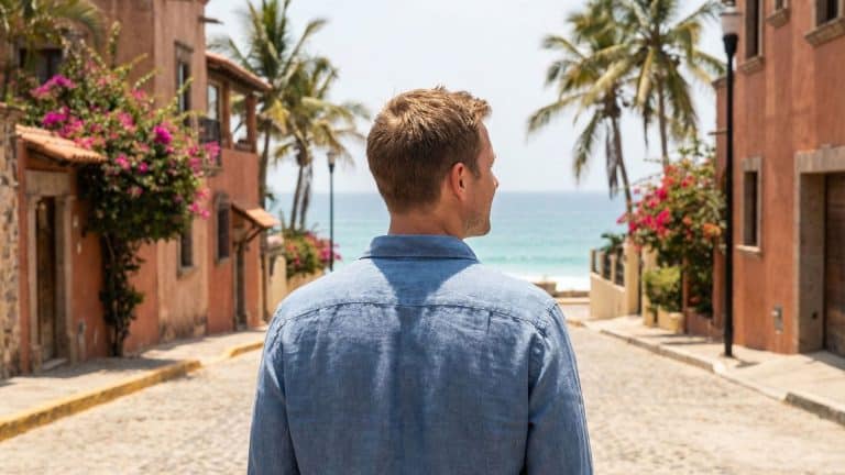 Man wearing a light denim shirt standing at the top of a cobblestone street lined with colorful houses, flowering plants, and palm trees, looking toward a bright turquoise ocean under a clear sky.