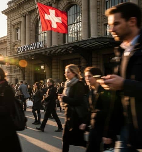 A busy street scene in front of Cornavin train station, featuring a large Swiss flag hanging above the entrance. People are walking in various directions, some holding phones or bags, with the historic stone building and glass canopy in the background under warm sunlight.