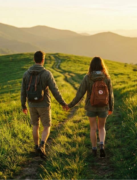 A couple walking hand‑in‑hand along a lush green hillside trail, seen from behind. They wear casual hiking clothes and small backpacks as they head toward rolling mountains in the distance. Soft tall grass surrounds them and a winding path leads toward the horizon. The scene is bathed in warm golden‑hour light — long soft shadows, glowing highlights on the grass, warm tones on their skin and clothes, and a hazy golden sky. The atmosphere feels peaceful, romantic, and adventurous. High-resolution outdoor photography style.