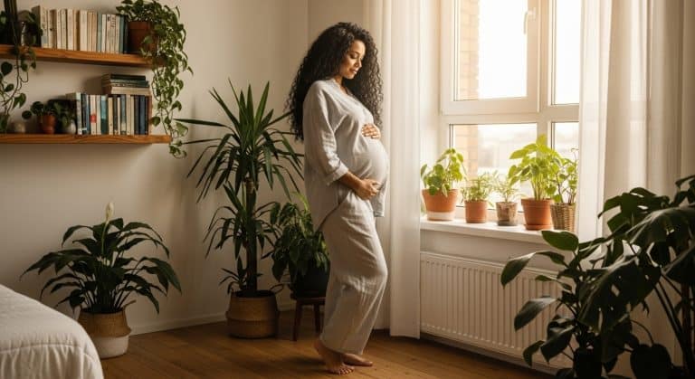 A person wearing light, comfortable clothing stands barefoot near a large window in a cozy, sunlit room, gently holding a pregnant belly. The space is decorated with several green plants in pots on the windowsill and floor, wooden shelves filled with books, and a neatly made bed partially visible. Warm natural light fills the room, creating a calm and serene atmosphere.
