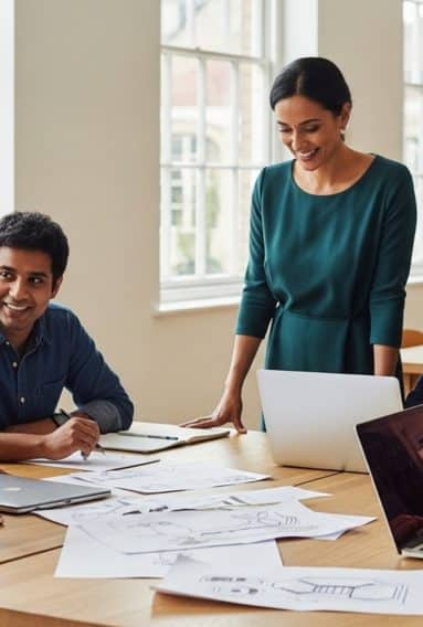 A group of people collaborating in a bright, modern office space. They are gathered around a large wooden table covered with papers, sketches, and laptops. Coffee cups are placed on the table, and large windows in the background let in natural light, creating an open and airy atmosphere. The scene suggests a team meeting or brainstorming session focused on creative or design work.