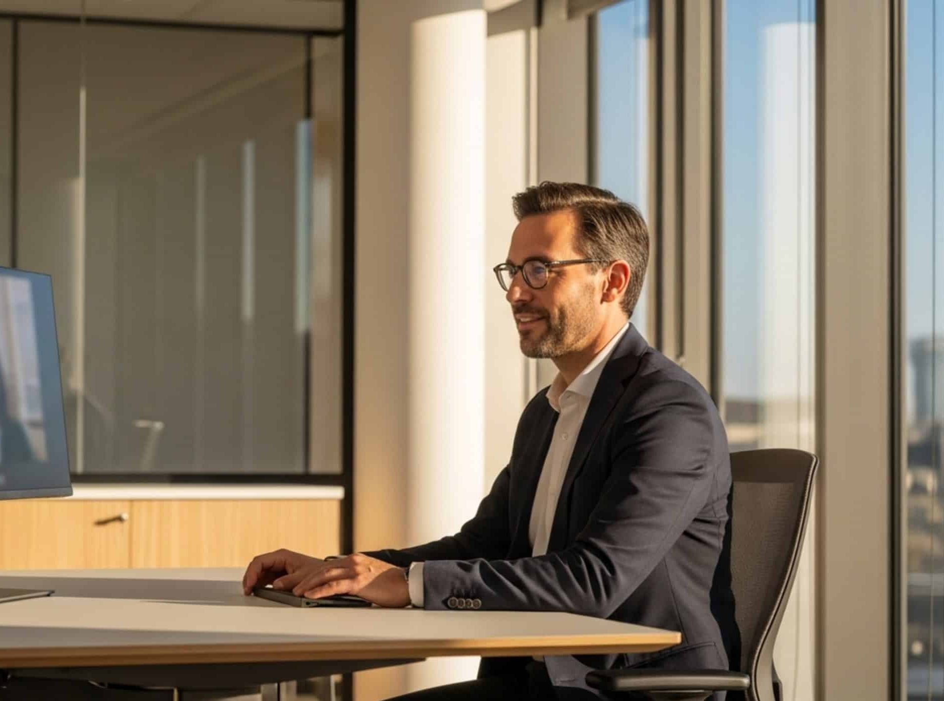 A profesionnal man wearing a suit is having a video call with a colleague on the computer of his office desk.