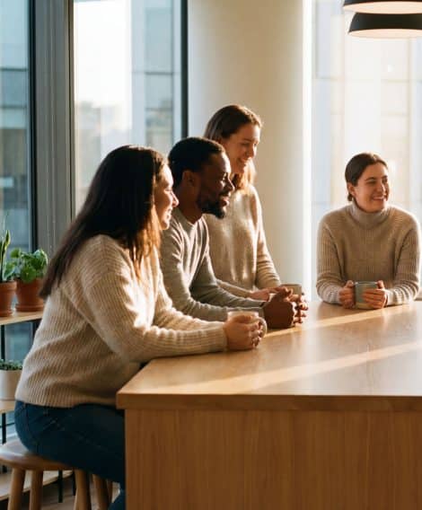 A group of four people sitting at a wooden table in a bright modern office, engaged in conversation. Sunlight streams through large windows behind them, and small plants are placed on the windowsill.
