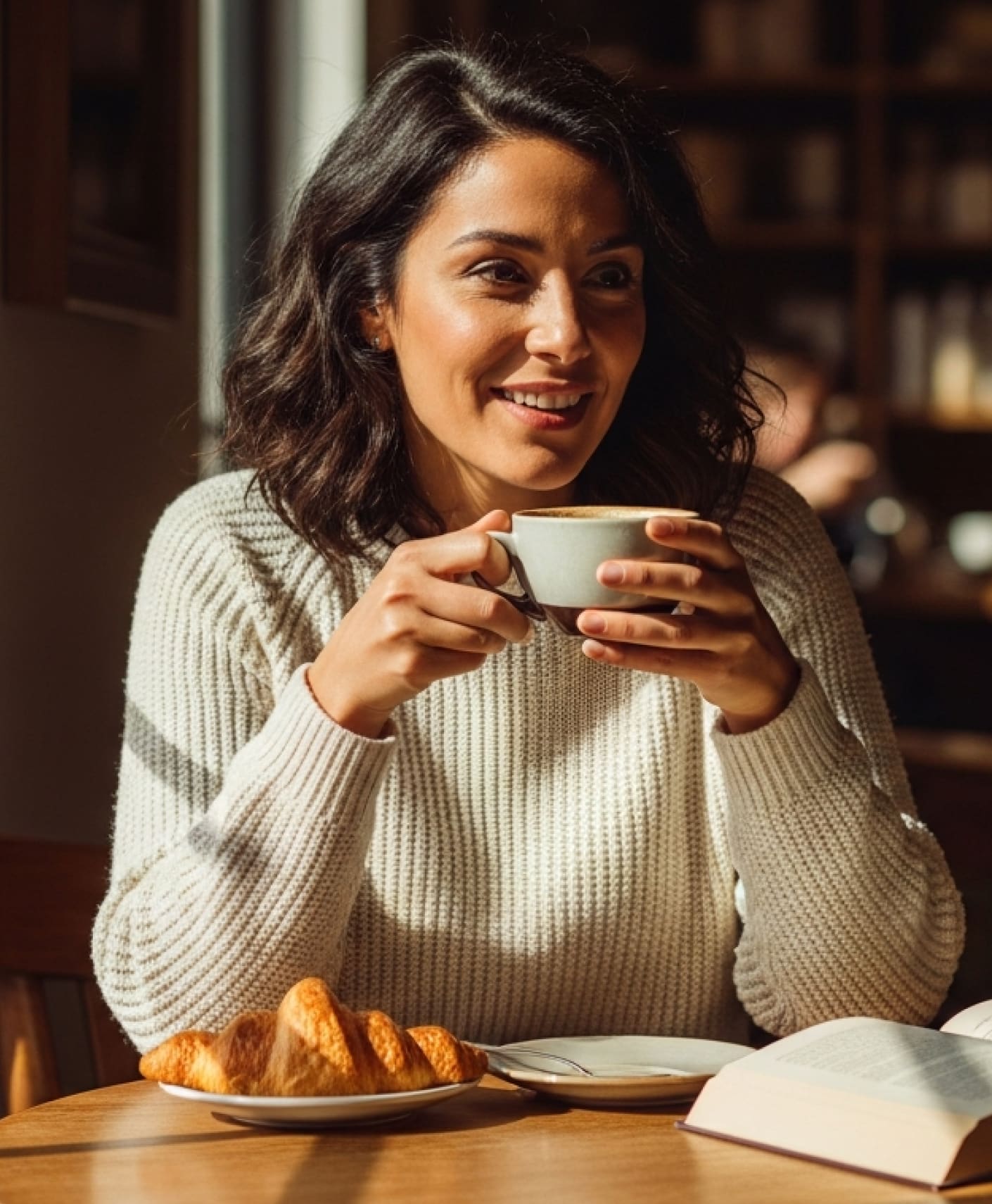 Person in a cozy café holding a cup of coffee, seated at a wooden table with a plate of croissants and an open book, warm sunlight streaming across their cream-colored sweater.