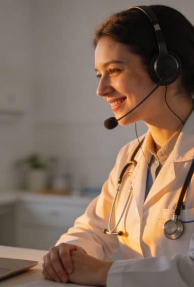 Healthcare professional wearing a white coat and headset, sitting at a desk in a softly lit medical office with a stethoscope draped around the neck and a laptop in front of them