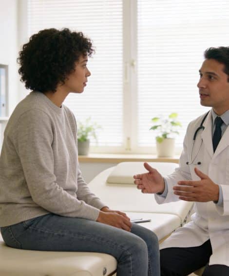 Doctor in a white coat talking with a patient seated on an examination table in a bright medical consultation room