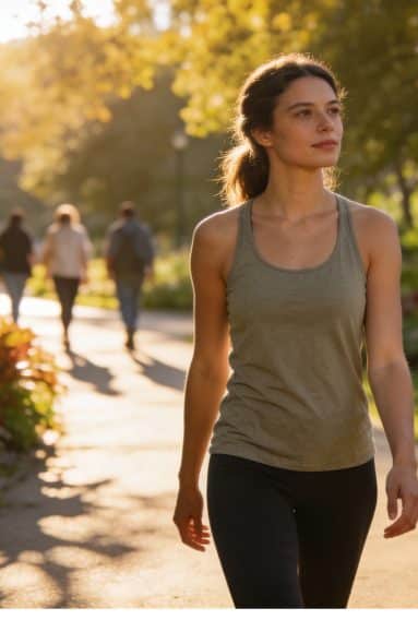 Person walking along a sunlit park path lined with trees and plants, with other people strolling in the background