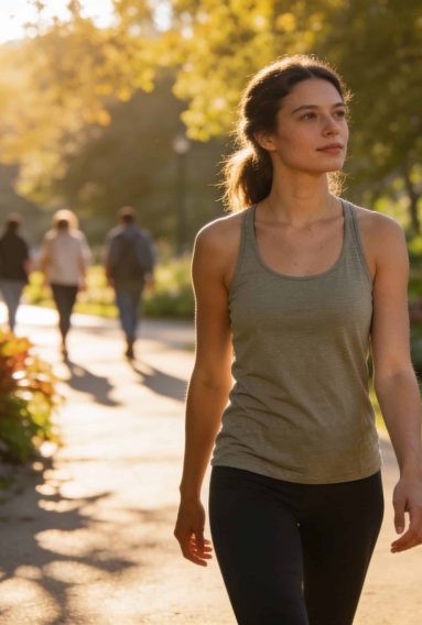 Person walking along a sunlit park path lined with trees and plants, with other people strolling in the background