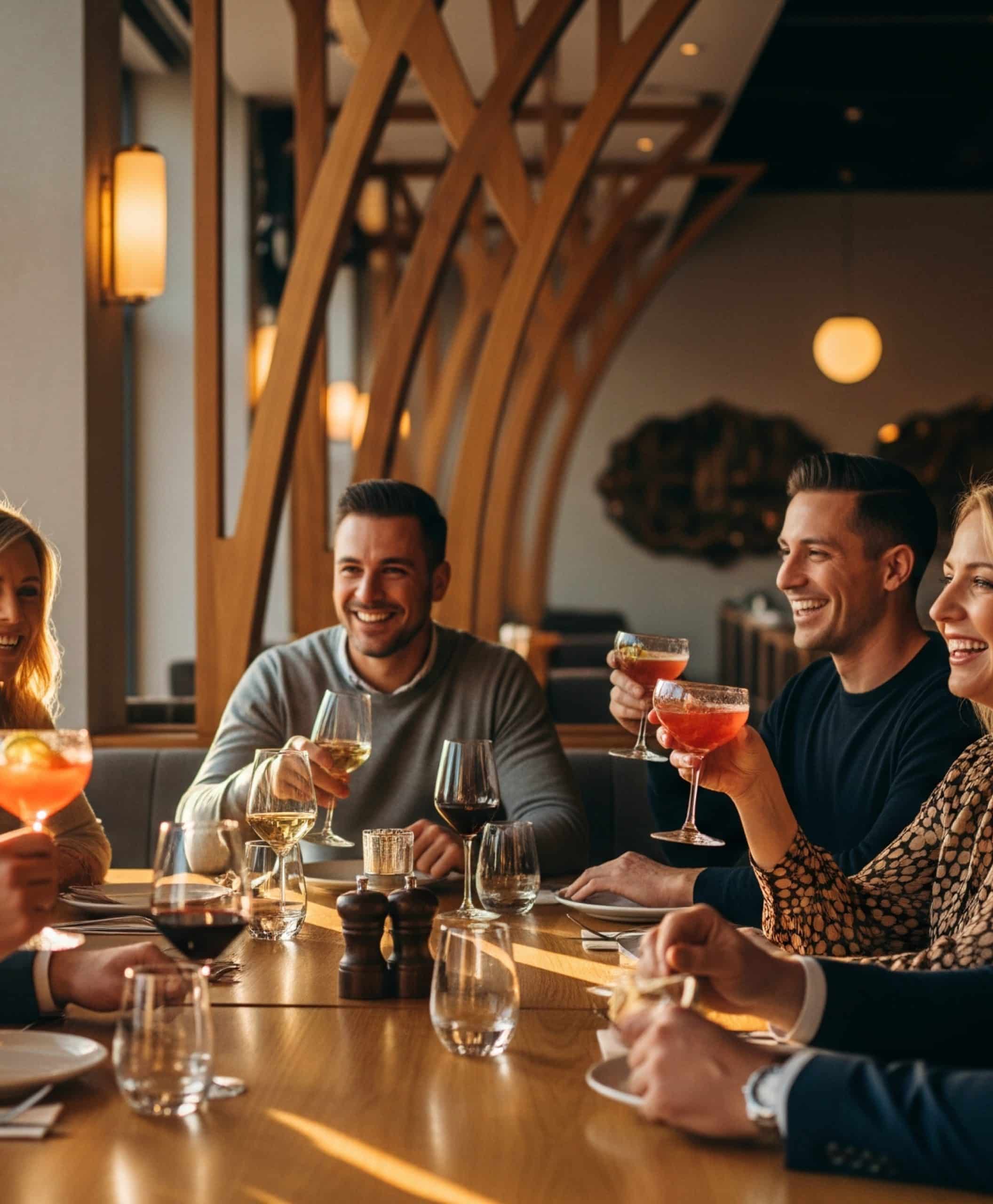 A group of people sit around a wooden restaurant table, holding drinks and toasting. The table is set with glasses, plates, and cutlery. Warm lighting and decorative wooden arches create a cozy, modern dining atmosphere.