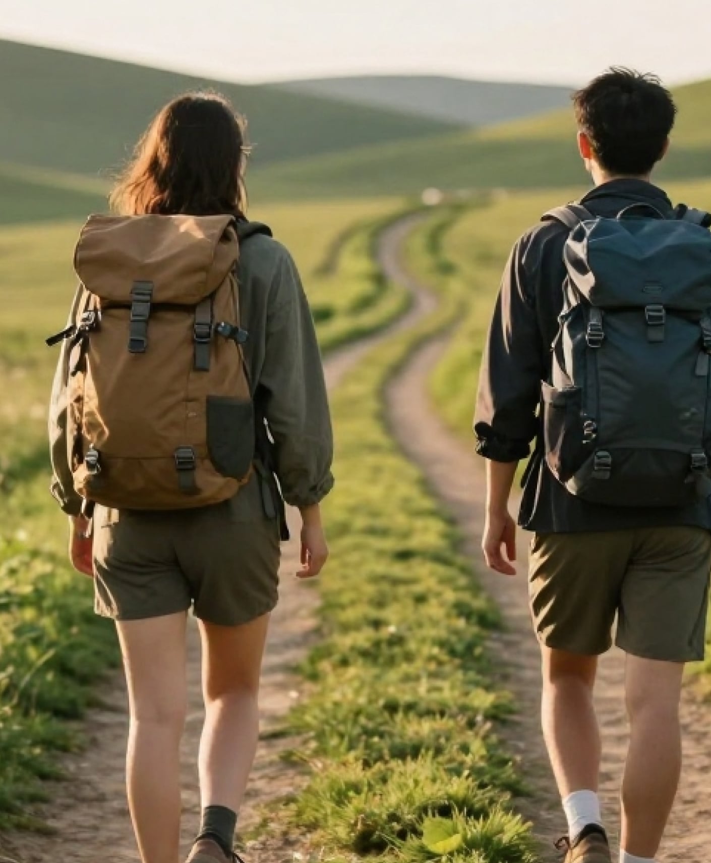 Two people walking side by side on a dirt path through green rolling hills, each carrying a large backpack. The scene is bright and sunny, with the trail stretching into the distance.