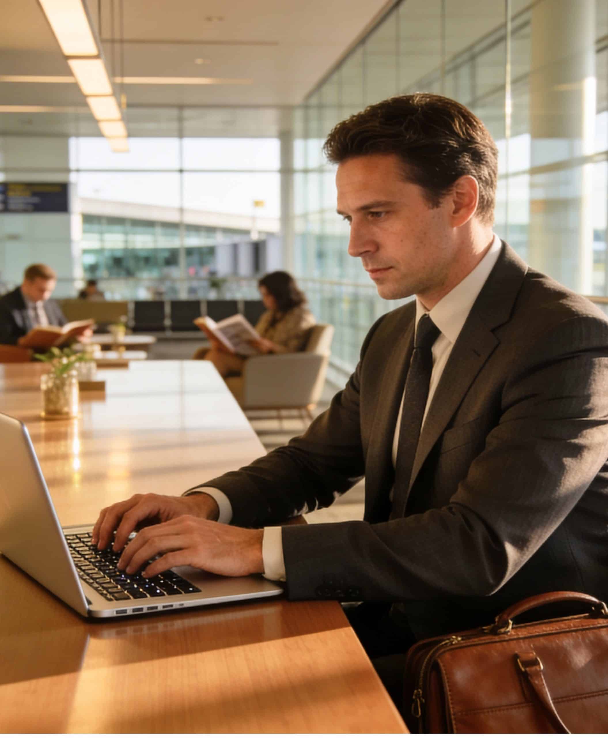 A person in a business suit working on a laptop at a long table in a modern airport lounge, with other travelers seated and reading in the background.