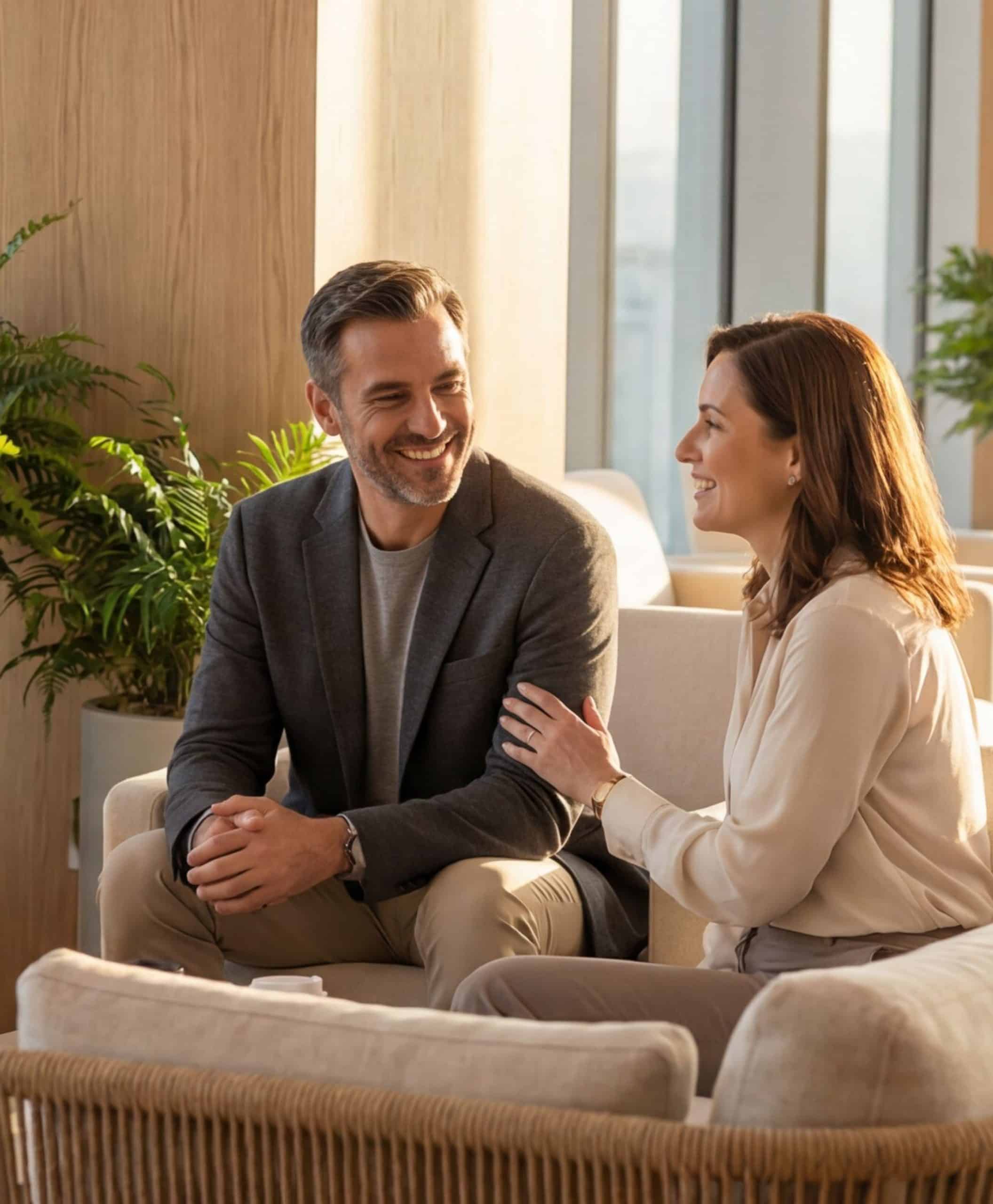 Two people seated in a bright, comfortable lounge area, engaged in a supportive conversation, with indoor plants and large windows in the background.