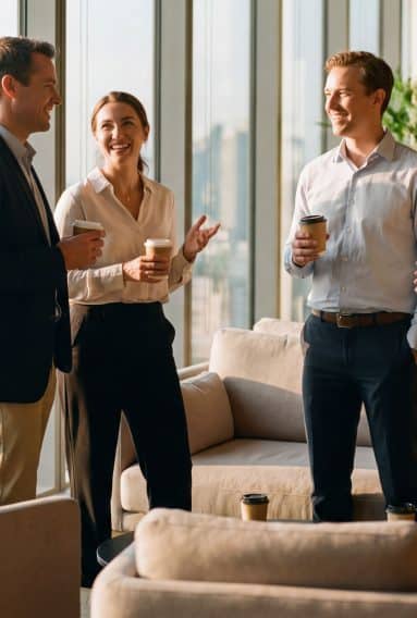 Three people standing in a modern office lounge with floor‑to‑ceiling windows, holding coffee cups and talking together. Soft seating and city views are visible in the background.