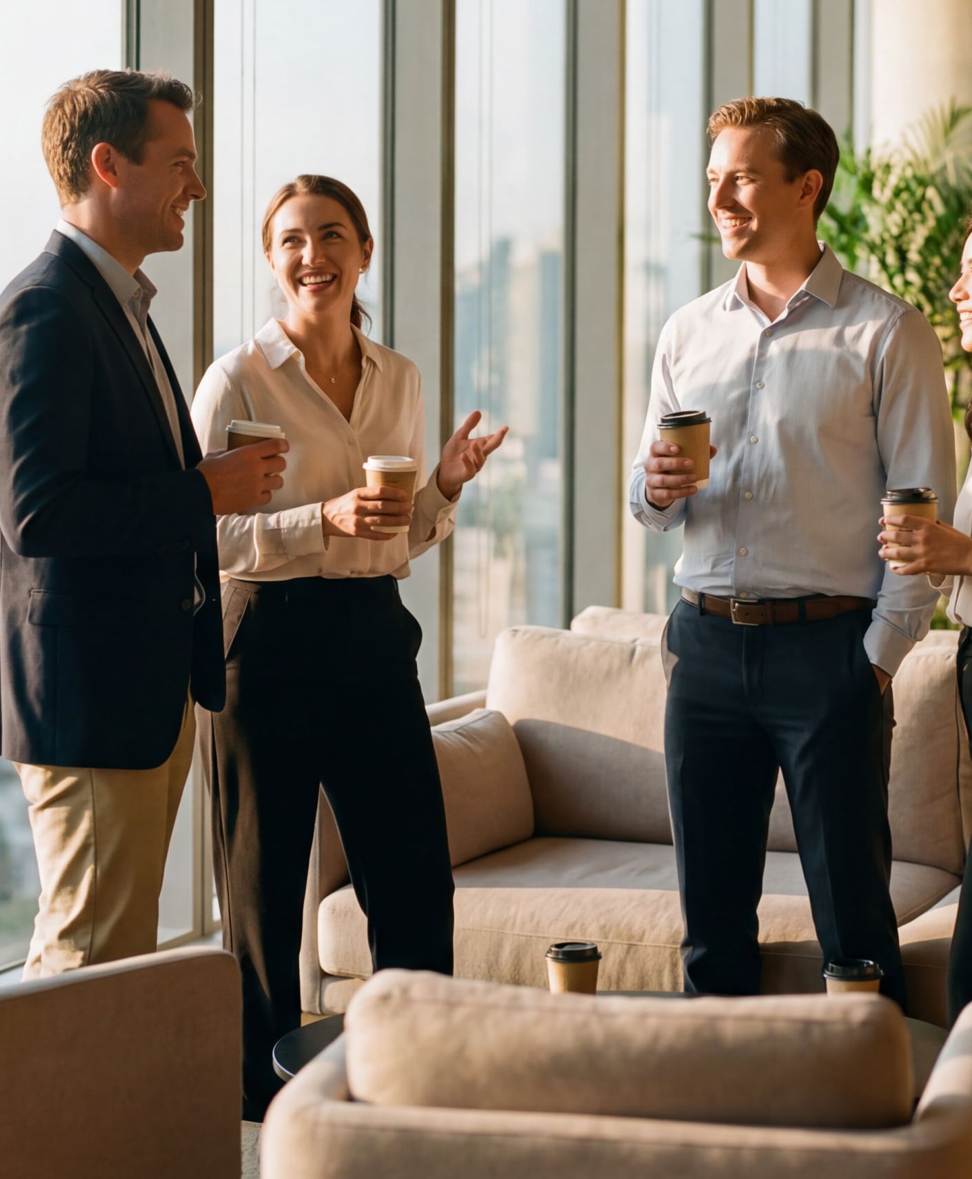 Three people standing in a modern office lounge with floor‑to‑ceiling windows, holding coffee cups and talking together. Soft seating and city views are visible in the background.