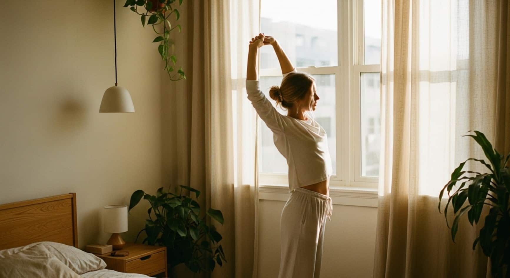 A person stretching by a sunlit bedroom window, surrounded by soft curtains, wooden furniture, and several green plants, creating a calm and cozy morning atmosphere.