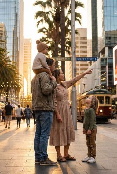 A family of four standing together in a modern city street at sunset, with one parent pointing ahead, a child sitting on the other parent’s shoulders, and another child standing in front of them as a tram passes in the background.