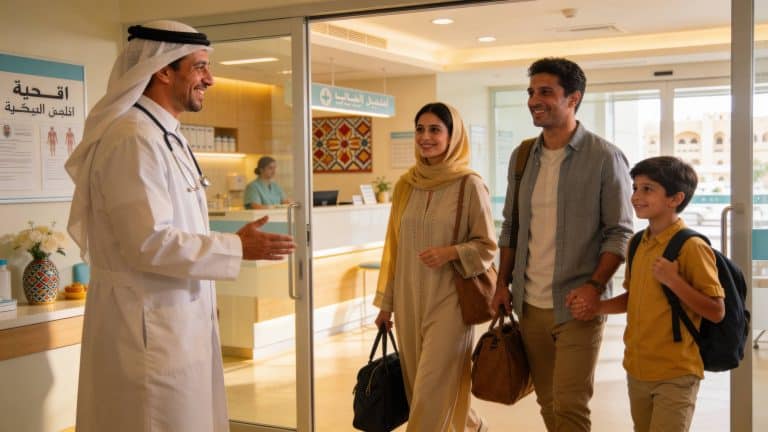 Family entering a modern medical clinic in the United Arab Emirates, greeted by a doctor in traditional attire, with a receptionist working in the background.
