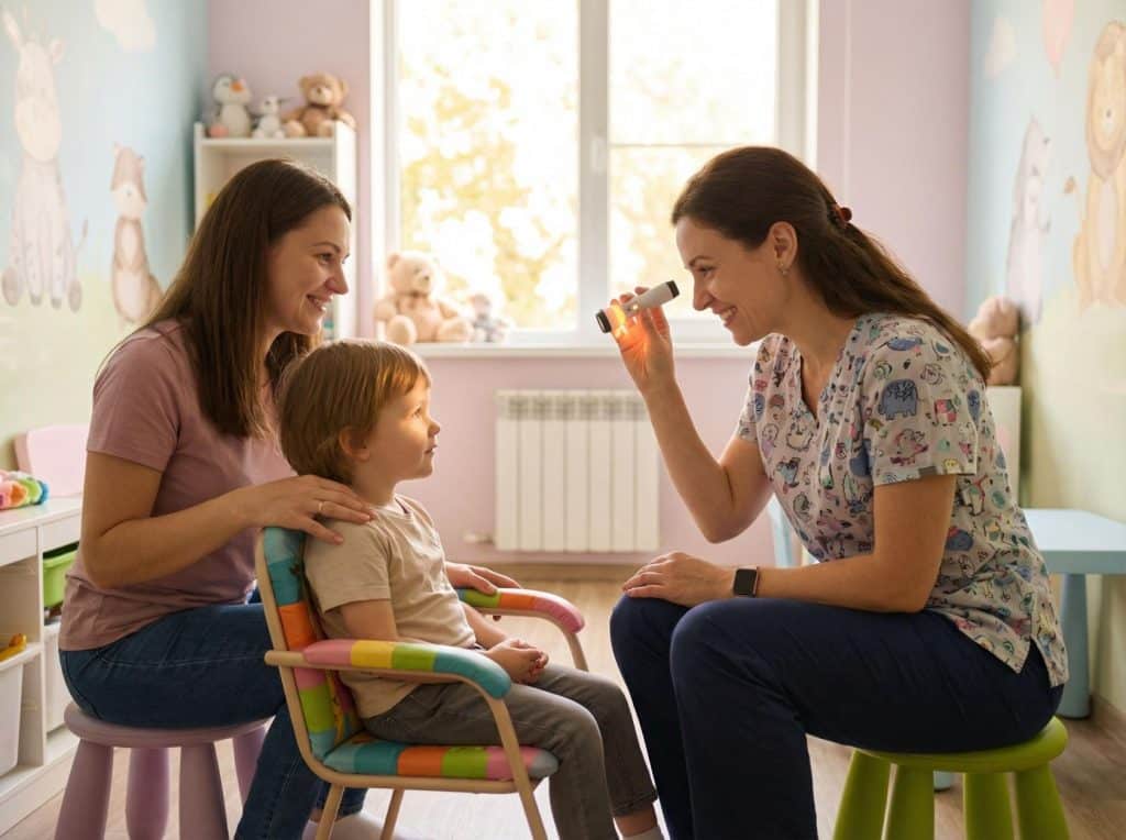 A child sitting on a colorful chair in a pediatric exam room while a healthcare professional checks their eyes with a small light, and an adult sits nearby offering support.